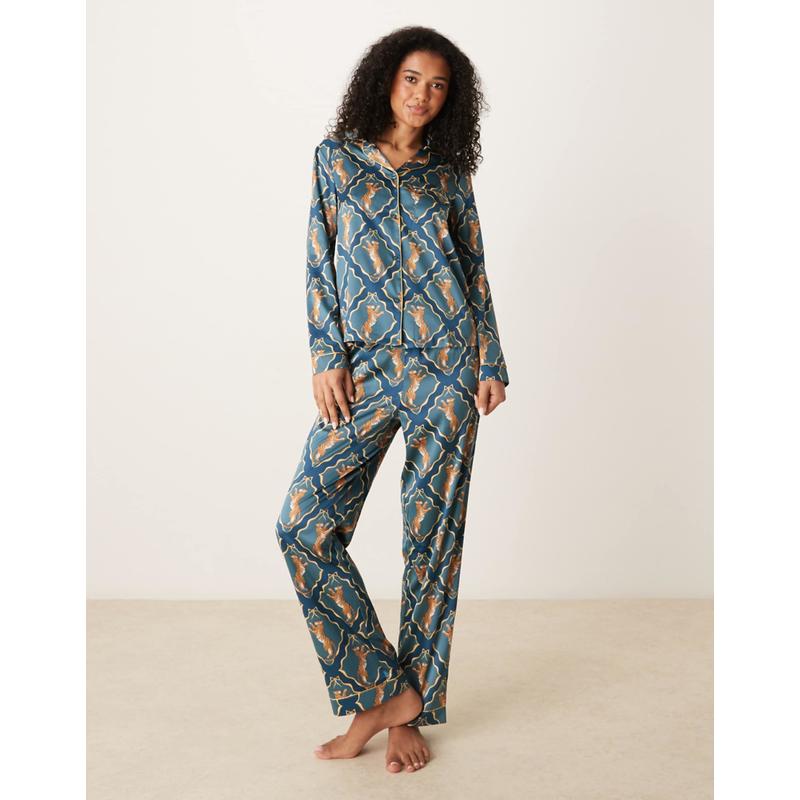 Chelsea Peers 女士 睡衣 revere 缎面长袖虎纹睡衣套装(dancing)