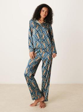 Chelsea Peers 女士 睡衣 revere 缎面长袖虎纹睡衣套装(dancing)