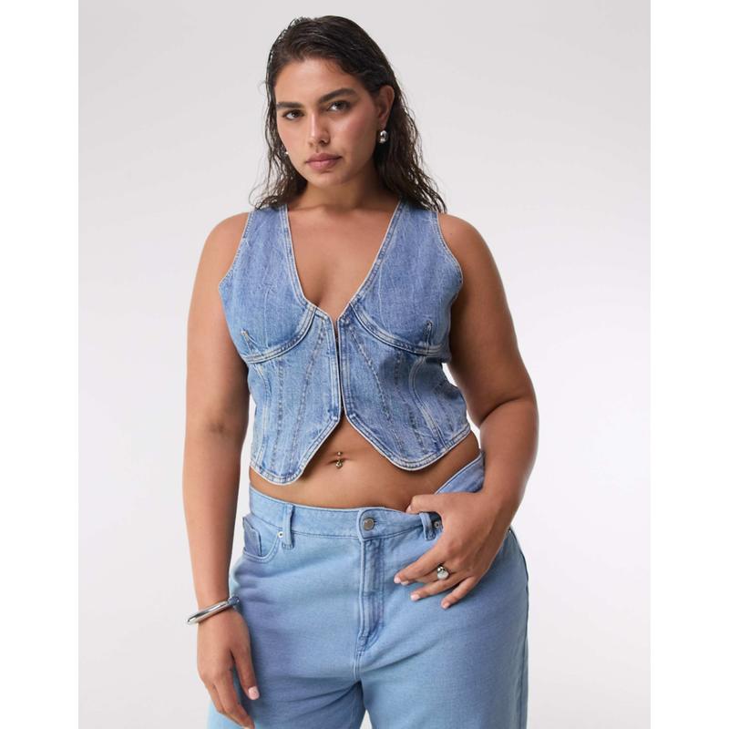 Good American 女士 马甲 牛仔中长蓝色背心