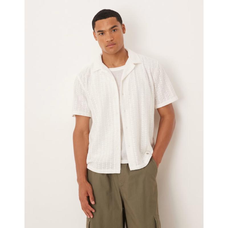 Abercrombie  Fitch 男士 衬衫 短款短袖织纹衬衫(奶油色)