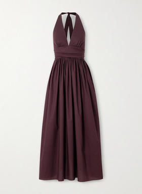 Matteau 女士 SS26 中长连衣裙 褶皱有机棉质府绸挂脖长款连衣裙