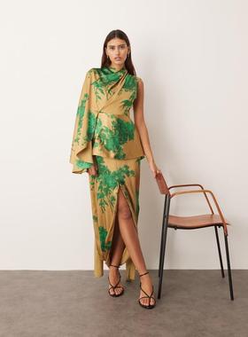 ARRANGE 女士 中长连衣裙 不对称斗篷袖垂褶拼接印花中长连衣裙