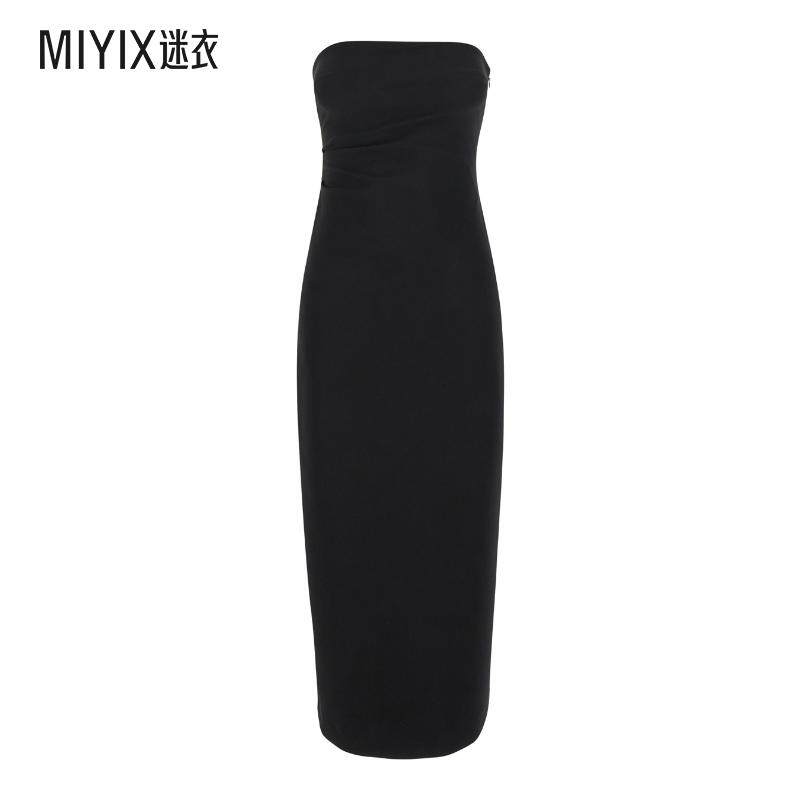 【早秋新品】Plain 黑色开叉高科技布织女士紧身束胸连衣裙
