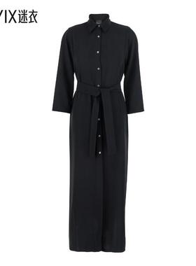 【早秋新品】Plain Front 黑色长款经典款领襟闭扣布织女士连衣裙