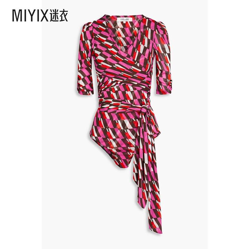 Diane von Furstenberg 女 Abbie 裹式印花网纱连体衣 迷衣时尚