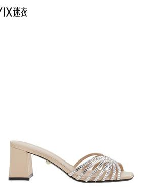 【早春新品】Alevì 'Vittoria' Rhinestoned 金属感粗跟皮质女士