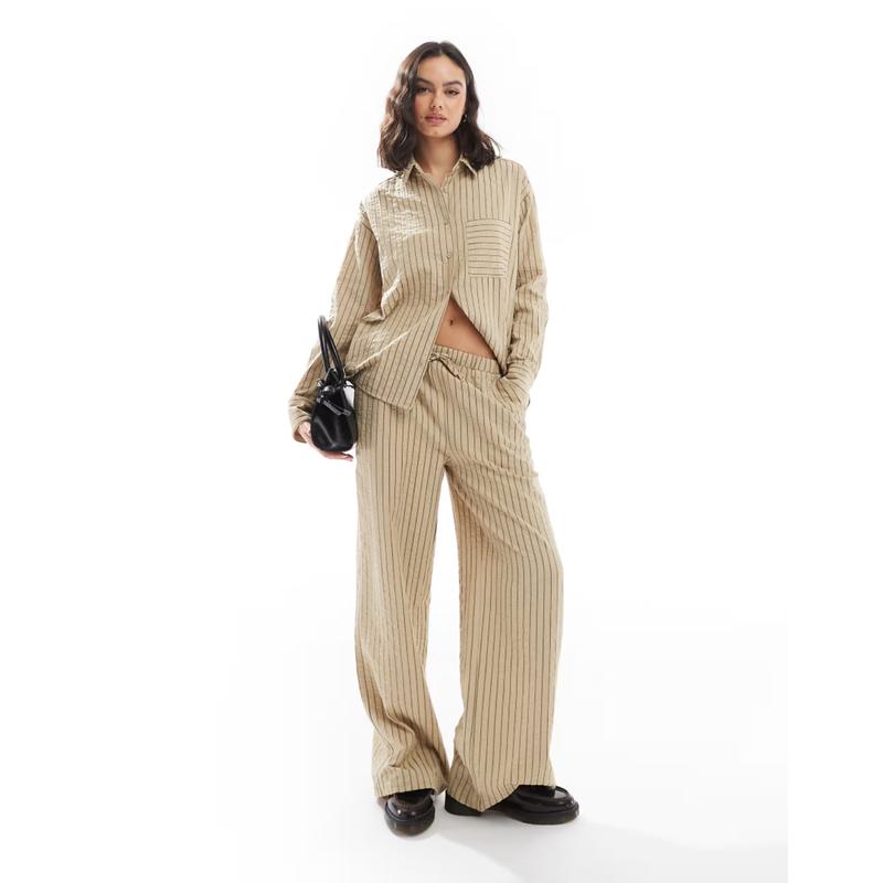 Threadbare 女士 长裤 co-ord pull 磨绒石头色棕色条纹裤子