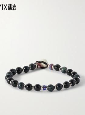 【早秋新品】MIKIA 男款纯银银色,黑曜石贝壳珠饰手链 迷衣时尚