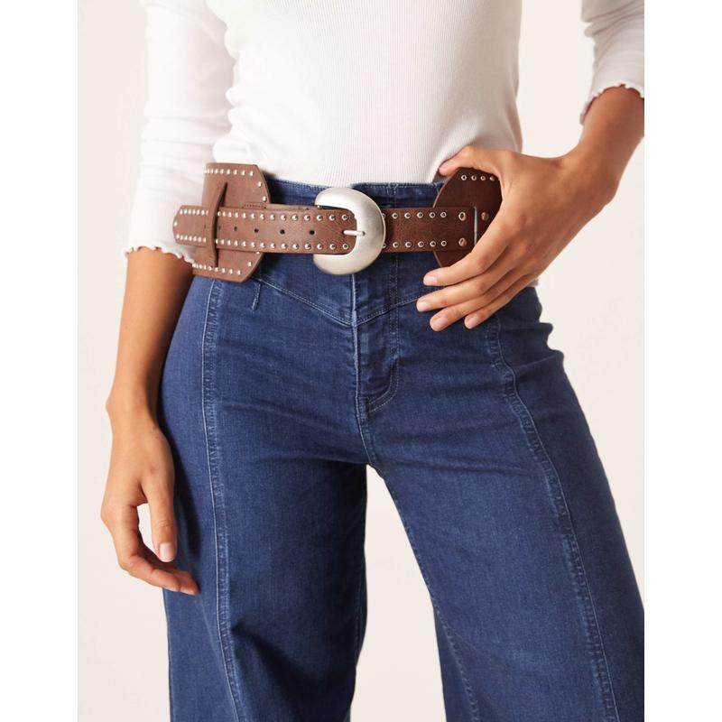 My Accessories 女士 腰带 My 饰品宽铆钉棕色皮带