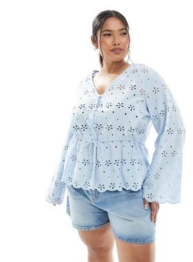 Pieces Plus 女士 上衣 Pieces Curve 系扣腰带刺绣上衣(蓝色)