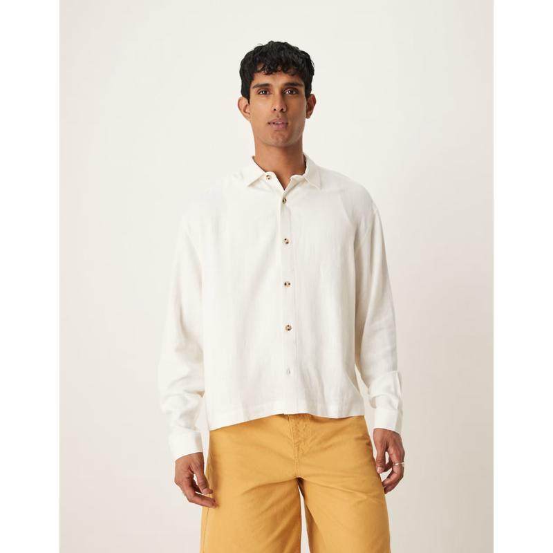 ASOS DESIGN 男士 衬衫 设计宽松款亚麻混纺衬衫(白色)