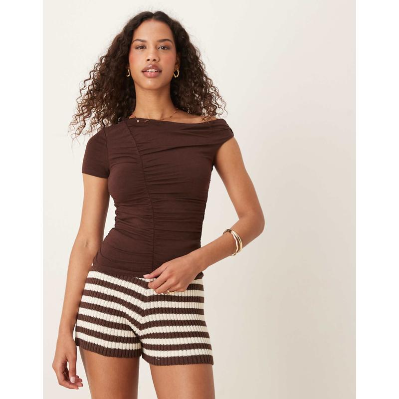 Cotton:on 女士 T恤 Nikki 棉质褶皱短袖酒红色上衣