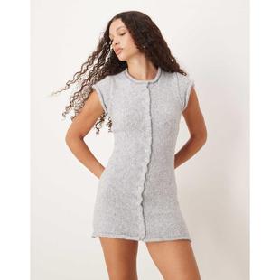 SNDYS 女士 短款连衣裙 卷边盖袖针织系扣迷你浅灰色连衣裙