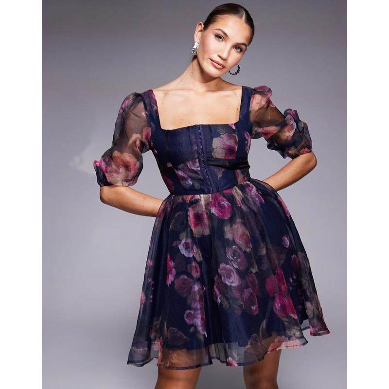 Lulus 女士 短款连衣裙 透明袖子欧根纱迷你紫红色花朵连衣裙