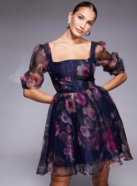 Lulus 女士 短款连衣裙 透明袖子欧根纱迷你紫红色花朵连衣裙