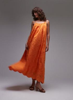 Topshop 女士 中长连衣裙 刺绣橙色中长连衣裙