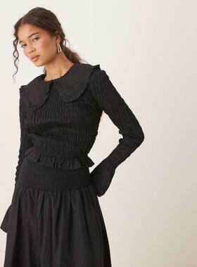 Glamorous 女士 上衣 co-ord 抽褶长袖上衣(黑色)