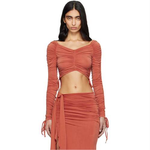 Balmain 巴尔曼 女士 T恤 橙色 LS Cropped Draped Jersey 上装
