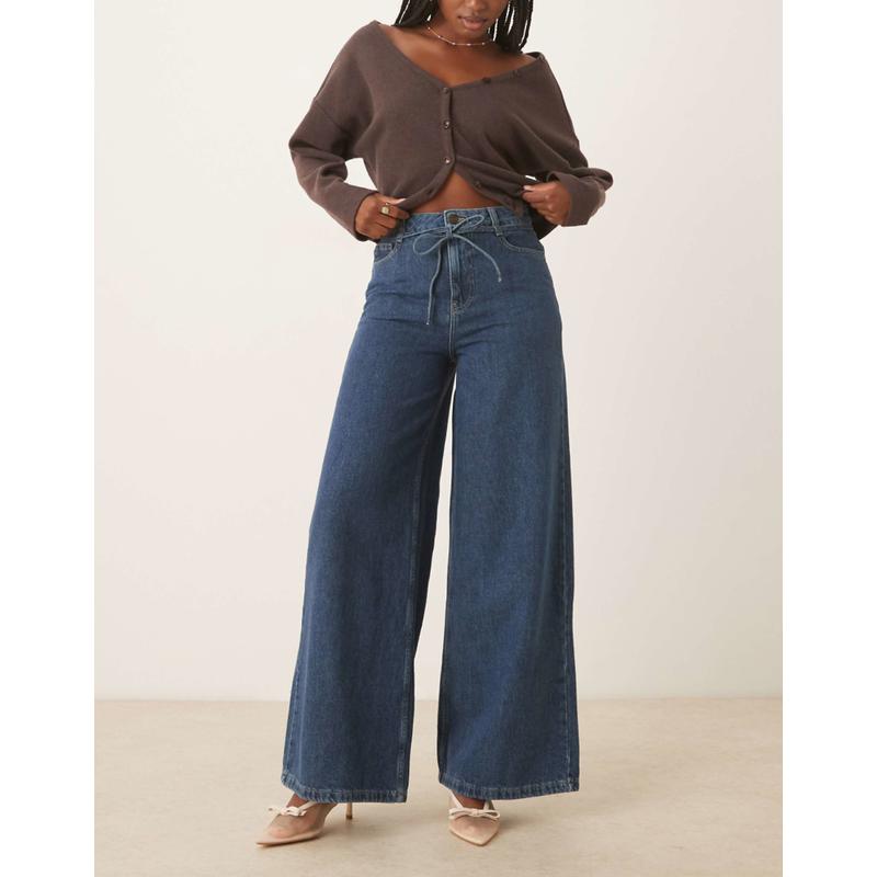 Nobody's Child 女士 牛仔长裤 腰带阔腿中长复古水洗牛仔裤