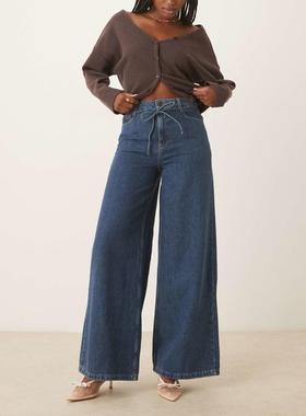 Nobody's Child 女士 牛仔长裤 腰带阔腿中长复古水洗牛仔裤