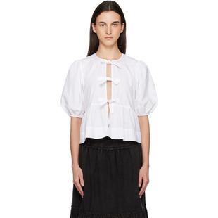 白色 Cotton 上装 女士 Tie 上衣 Peplum Ganni Poplin