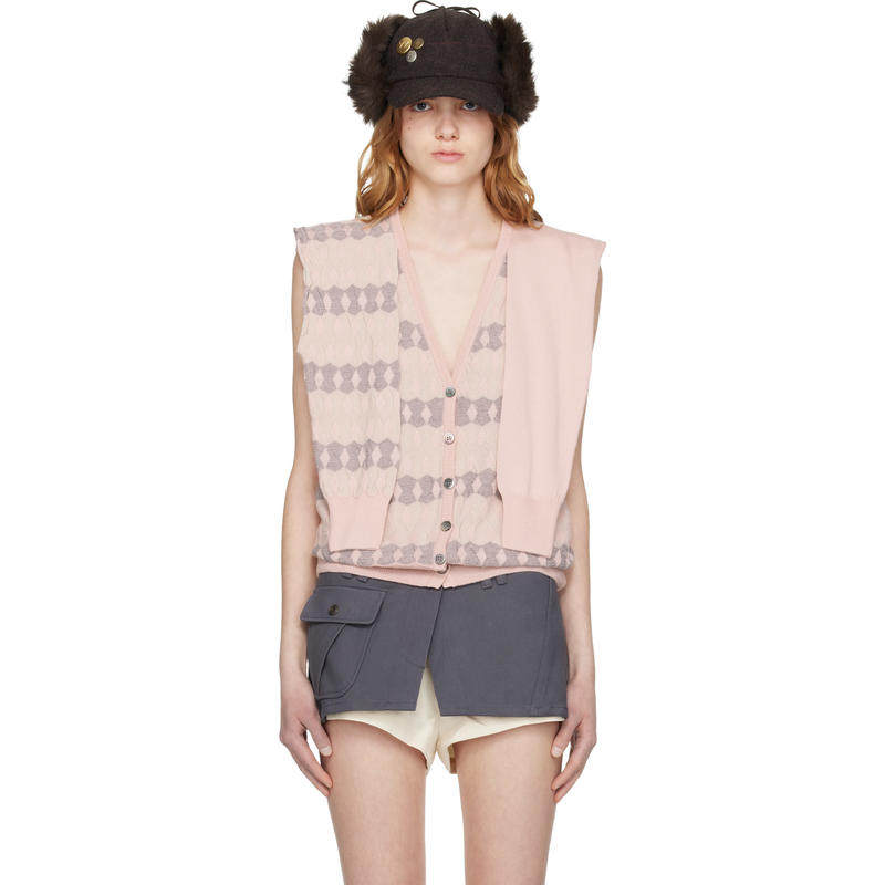 OPEN YY 女士 开衫 粉色 Jacquard Sleeve Layered Cardigan 马甲