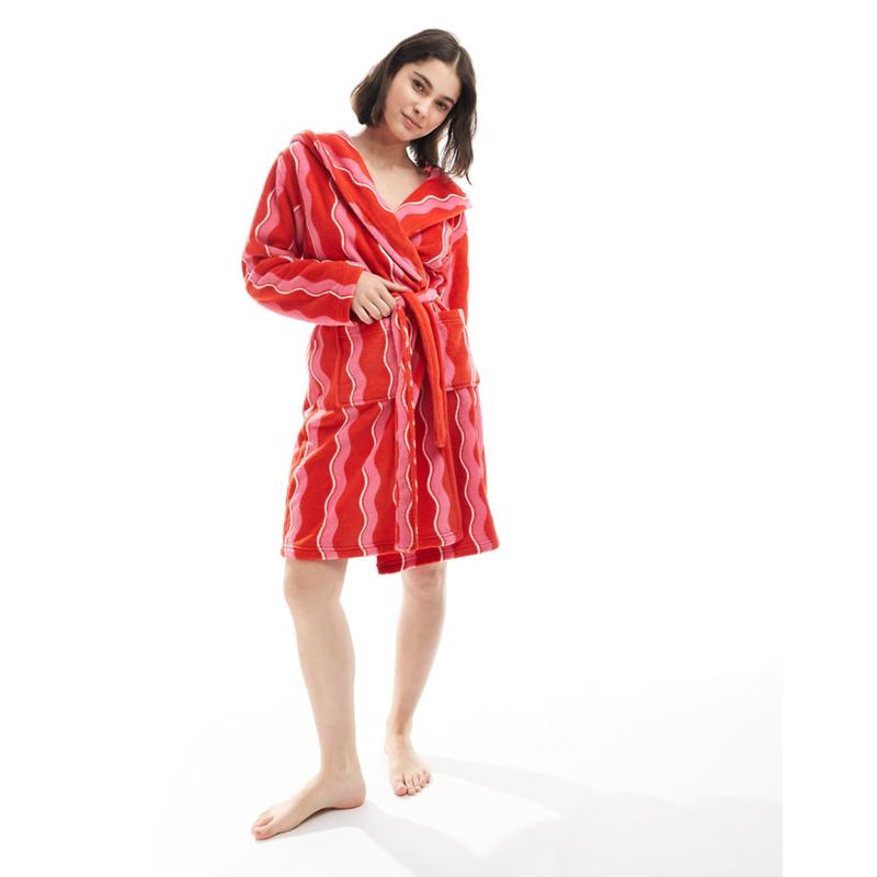 Urban Threads 女士 睡袍 Christmas 抓绒波浪红色条纹便袍