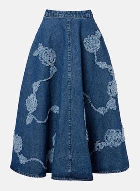 ROTATE 女士 中长裙 Berty 刺绣牛仔中长半身裙