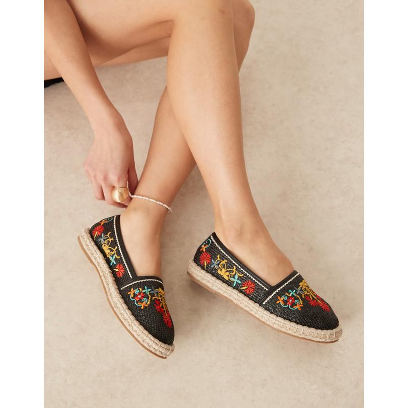 ASOS DESIGN 女士 凉鞋 Jos 设计刺绣藏趾帆布面凉鞋(黑色)