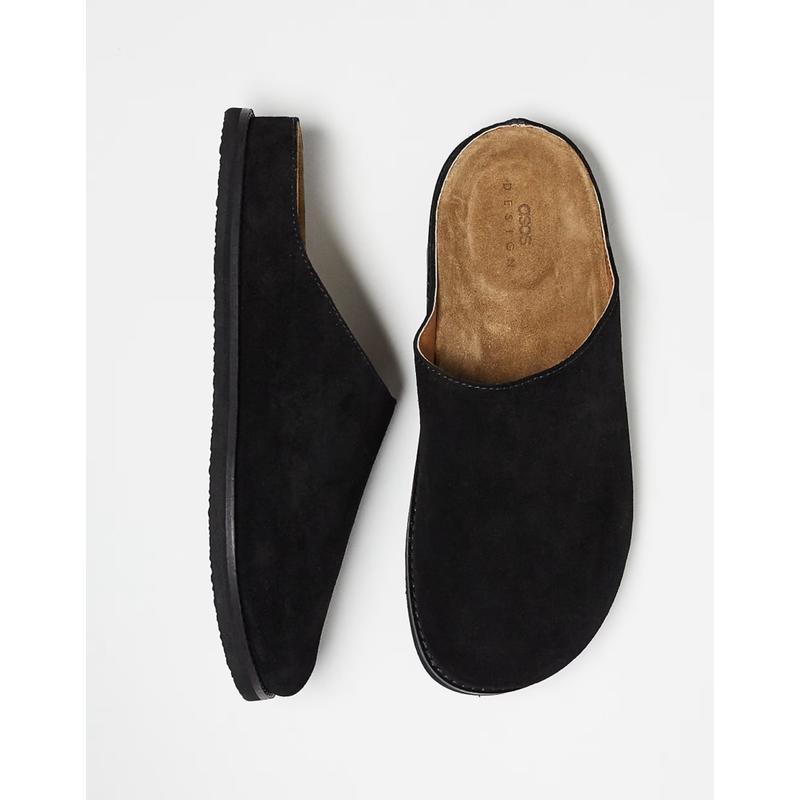 ASOS DESIGN 男士 凉鞋 mule 设计绒面革木履凉鞋(黑色)