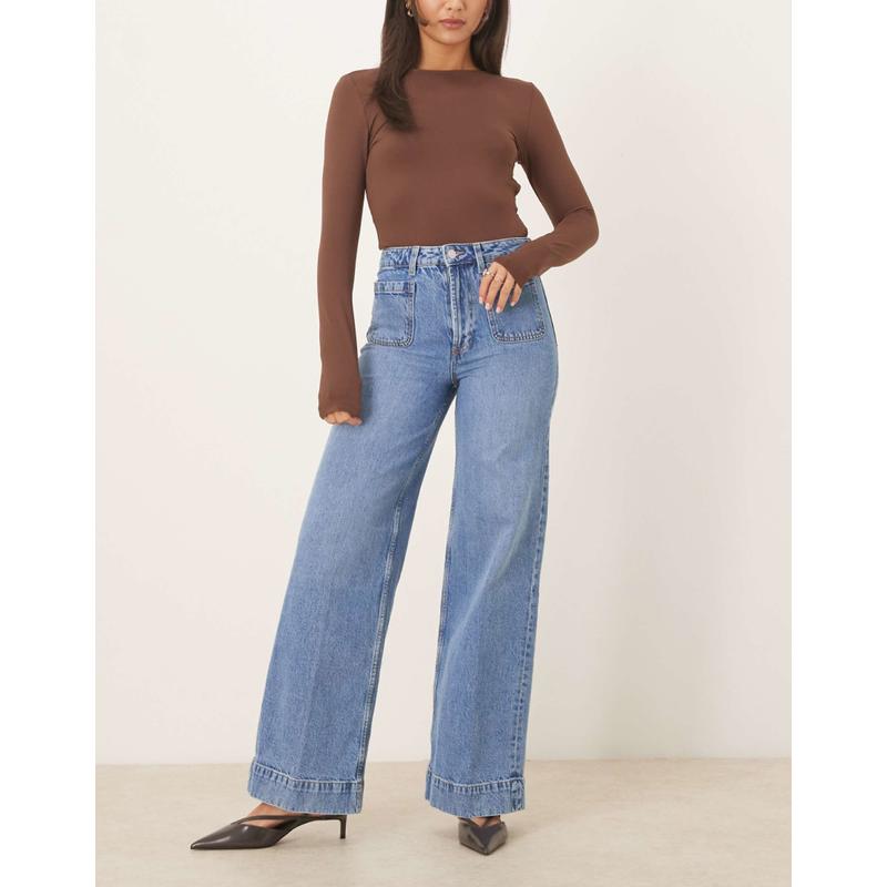 ASOS DESIGN 女士 牛仔长裤 设计高腰阔腿前口袋牛仔裤(midwash)