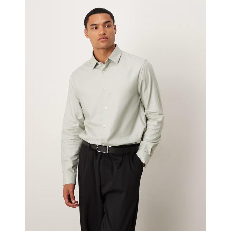 ASOS DESIGN 男士 衬衫 设计正装舒适熨平斜纹布常规衬衫(sage)