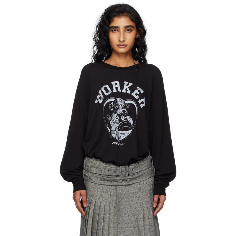 OPEN YY 女士 T恤 黑色 Worker Pet Club 长袖 T 恤