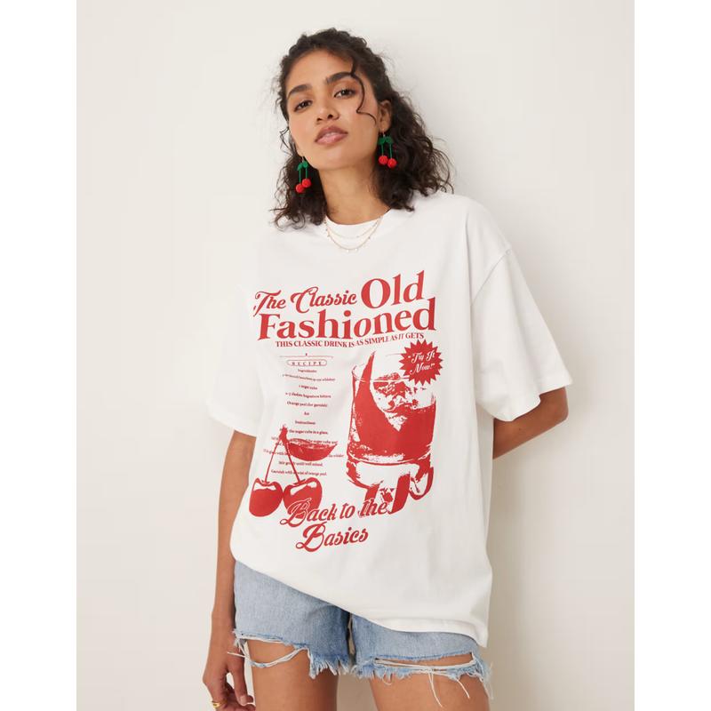 ASOS DESIGN 女士 T恤 设计宽松款复古鸡尾酒印花T恤(白色)