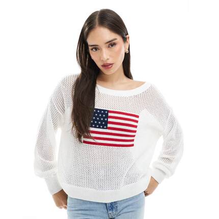 Hollister 女士 毛衣 usa 宽松型长袖印花毛衣(白色)