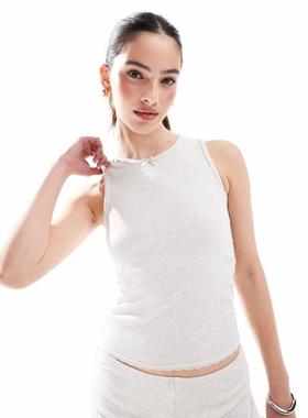 Cotton:on 女士 背心 sleep marle 棉质褶皱罗纹蕾丝浅灰色背心