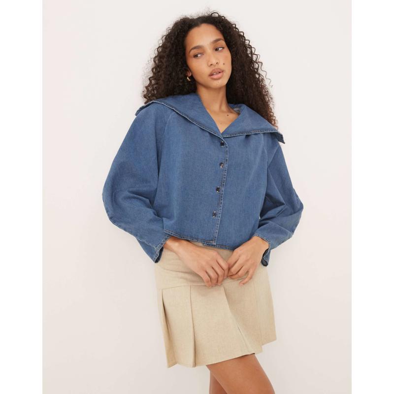 ASOS DESIGN 女士 衬衫 设计宽松领牛仔布衬衫(midwash - MBLUE)