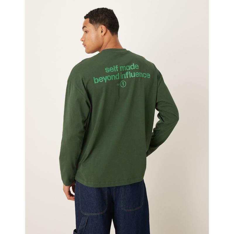ASOS DESIGN 男士 T恤 text 设计宽松款长袖净色印花深色绿色T恤
