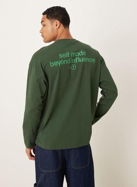 ASOS DESIGN 男士 T恤 text 设计宽松款长袖净色印花深色绿色T恤