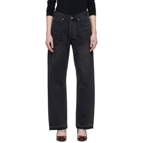 TONYWACK 女士 牛仔长裤 黑色 Frayed Hem Loose Straight 牛仔裤