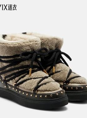 INUIKII 女款Rock 卷曲铆钉毛羊皮雪地靴 迷衣时尚