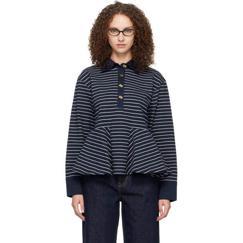 Ganni 甘尼 女士 POLO衫 海军蓝 Single Piqué Peplum Polo 衫