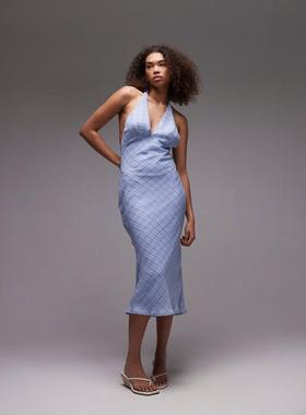 Emory Park 女士 中长连衣裙 格纹挂脖中长连衣裙(蓝色)