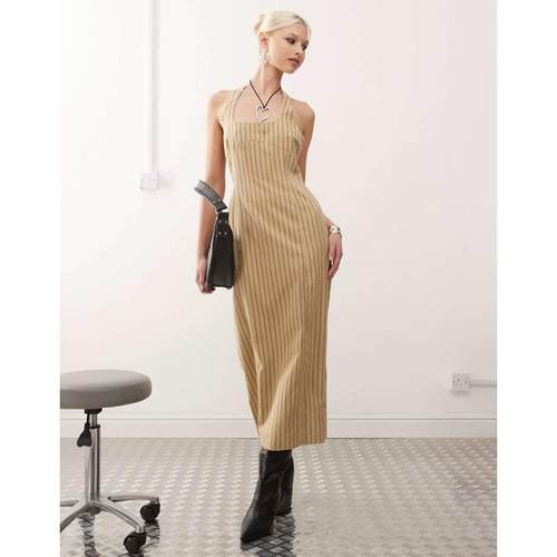 Lioness 女士 中长连衣裙 back 挂脖开衩条纹中长连衣裙(米黄色)