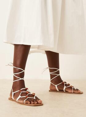 ASOS DESIGN 女士 凉鞋 Faroe 设计缠带珠饰平底凉鞋(白色)