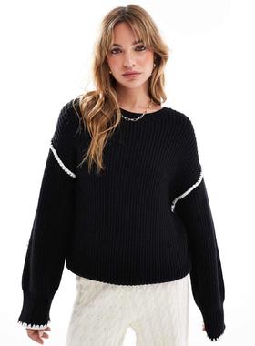 4Th  Reckless 女士 毛衣 撞色缝线落肩套头衫(黑色)