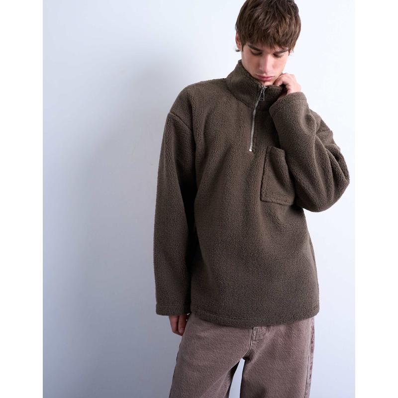 Topman 男士 毛衣 borg 1/4拉链深褐色运动衫