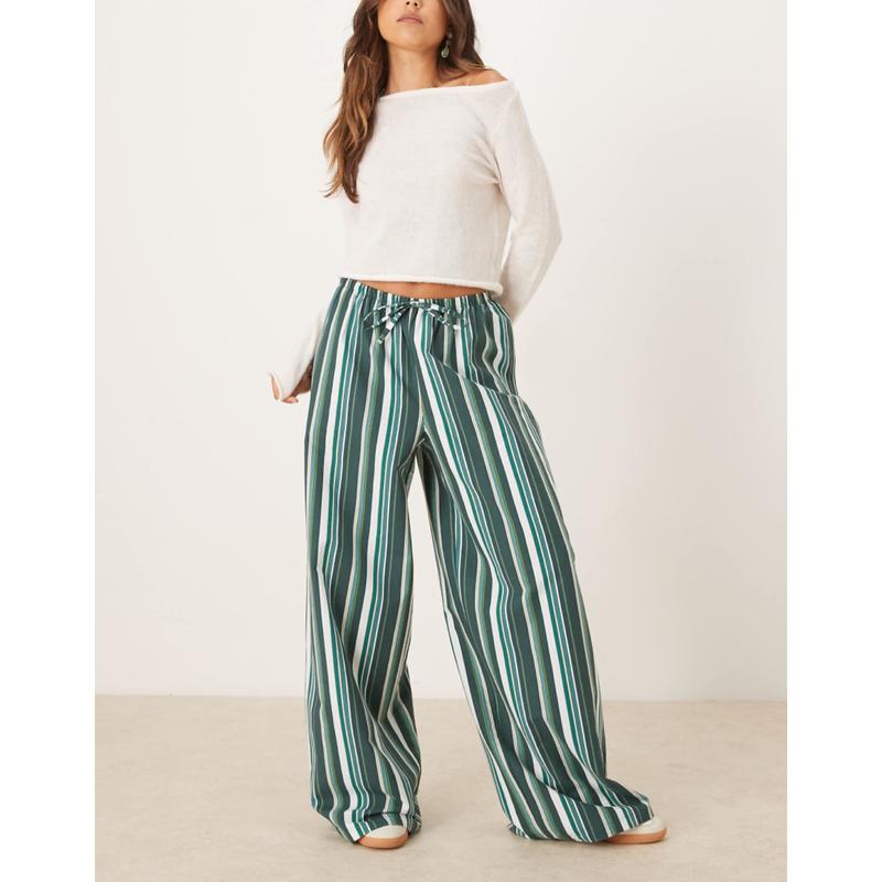 ASOS DESIGN 女士 长裤 pull 设计亚麻混纺绿色条纹裤子