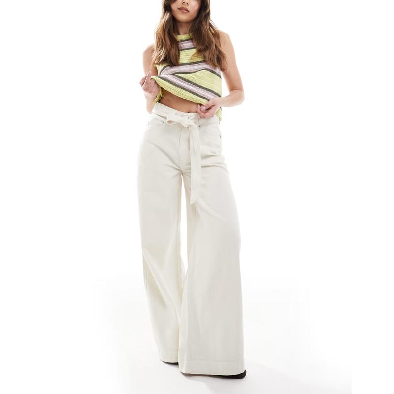 ASOS DESIGN 女士 牛仔长裤 设计阔腿牛仔侧边打结皮带(白色)