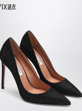 【秋冬新品】Aquazzura 女款Purist 105 黑色莱茵石浅口鞋 迷衣时